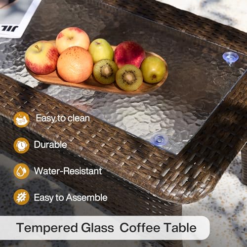 Tribesigns Outdoor Patio Furniture Set of Coffee Table, 35.4" Patio Wicker Coffee Table with Tempered Glass Top, Handwoven Rattan Coffee Table for Conversation Sets, Poolside, Deck, Brown