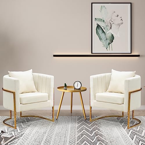 Velvet Accent Chairs Set of 2, Mid Century Modern Upholstered Barrel Armchair with Pillow for Living Room, Comfy Single Club Chair with Metal Gold Legs for Bedroom, White