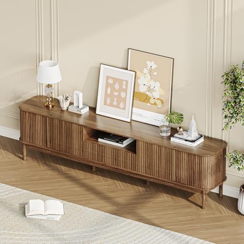 86.6'' Fluted TV Stand for 75/80/85 Inch TVs, Mid Century Modern Entertainment Center with Large Storage Space & Open Shelves, Walnut TV Console with Sliding Doors for Living Room