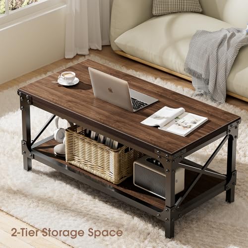 Rectangle Coffee Tables for Living Room, Wood Rectangular Coffee Table, 2 Tier Dark Brown Modern Center Table with Thickened Tabletop and Metal Frame, 40 inch Long (Walnut)