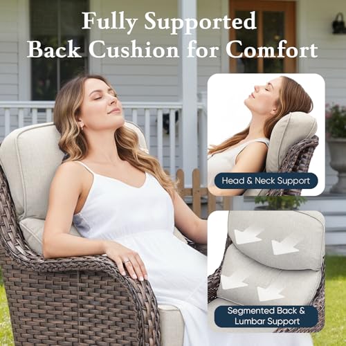 Luxury 6" Thick Cushioned Outdoor Swivel Rocker Patio Chairs of 2, High Back Wicker Patio Furniture Set with Ergonomic Zone Back, Conversation Glider Set for Deck Porch - Brown+Beige