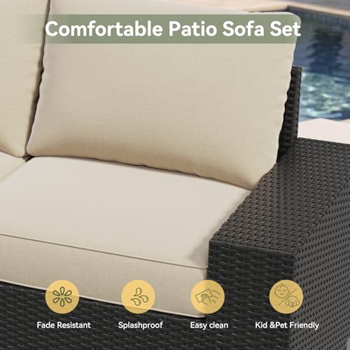 10-Piece Patio Furniture Set with 44” Fire Pit Table, Widen Armrests Wicker Rattan Outdoor Sectional Sofa with Swivel Chairs, Outdoor Patio Furniture Set with Thick Cushions & Ottoman, Beige