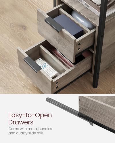 VASAGLE Side End Table with Charging Station, Slim Nightstand with 2 Drawers, Narrow Bedside Table for Living Room, Small Spaces, Heather Greige and Ink Black ULET321B02V1S