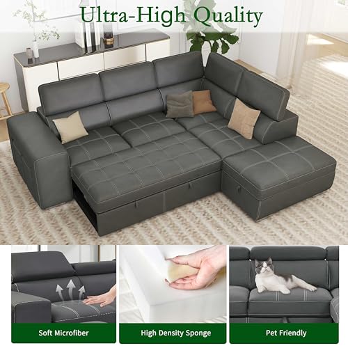104'' Microfiber L Shaped Sectional Sleeper Sofa Couch with Pull Out Bed and Storage Ottoman, Convertible Couches with Adjustable Headrest for Living Room, Right Facing Chaise. Charcoal Grey