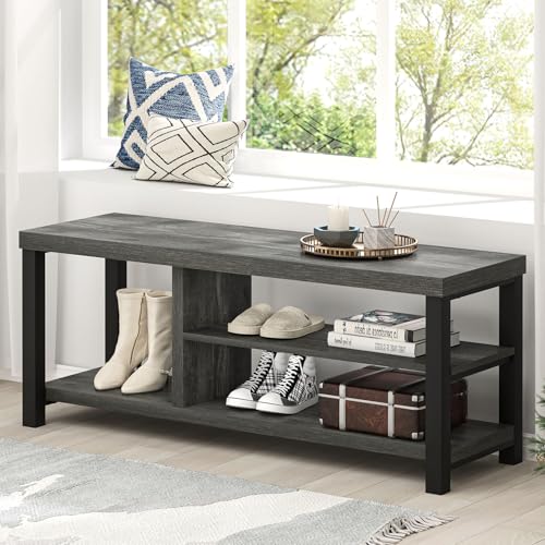 Industrial Entryway Bench, Rustic Indoor Shoe Boot Storage Bench Seat for Living Room, Grey
