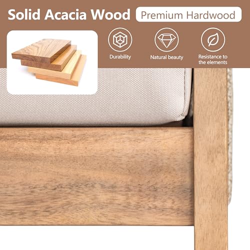Lorna 4-Seater Patio Furniture Set with Removable Cushion, 4 Piece Outdoor Acacia Wood Conversation Set, Sold Wood Outdoor Sectional Sofa Set with Coffee Table, Teak+Beige