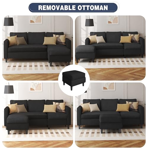 L Shaped Sectional Sofa Couch,Convertible Modular Sofas with Movable Ottoman,3-Seat Upholstered Corduroy Couch,Small Couches for Living Room,Apartment,Office(Black)