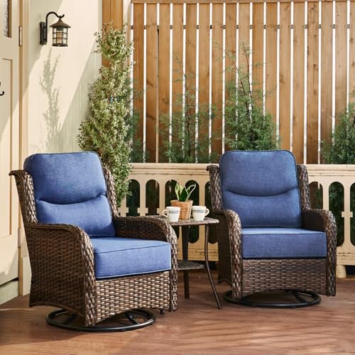 Luxury Outdoor Swivel Rocker Patio Chairs of 2 with 6 Inch Thick Cushions and Side Table, Swivel Outdoor Chairs 3PCS High Back Wicker Patio Furniture Set for Porch, Balcony, Deck in Blue