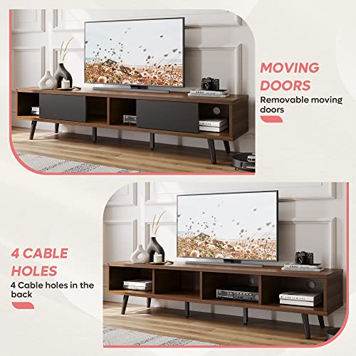 70 inch Mid Century Modern TV Stand for 75 inch TV, Low Profile TV Stand with Storage, Entertainment Center for Living Room, Cord Management, Walnut