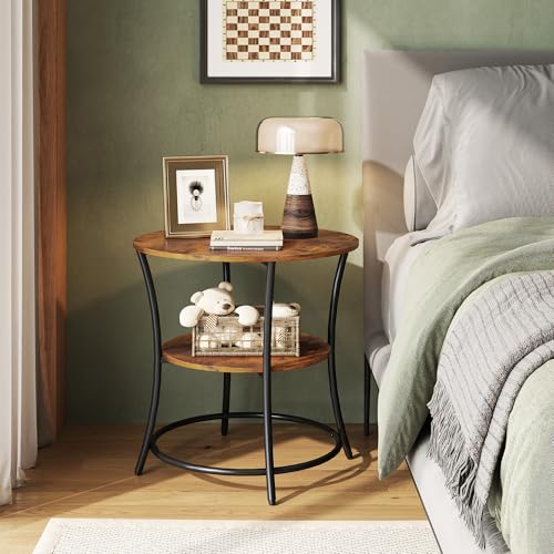 Side Table, Round End Table with 2 Storage Shelves for Living Room, Bedroom, Nightstand with Steel Frame for Small Spaces, Accent Coffee Table, Rustic Brown