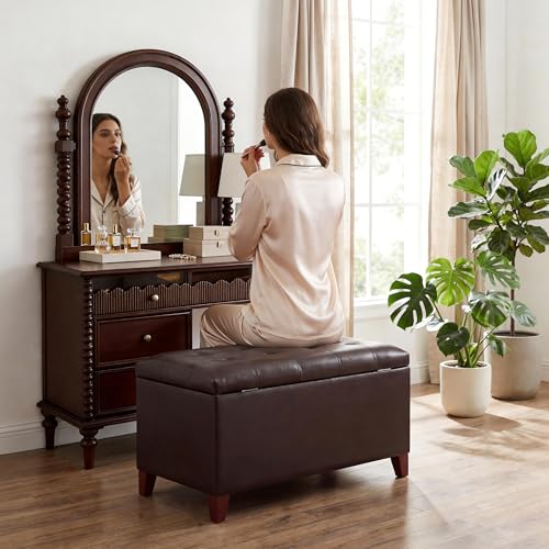 Storage Ottoman Bench, 33 Inches Faux Leather Rectangle Tufted Foot Stool for End Foot of Bed, Bedroom, Living Room, Brown