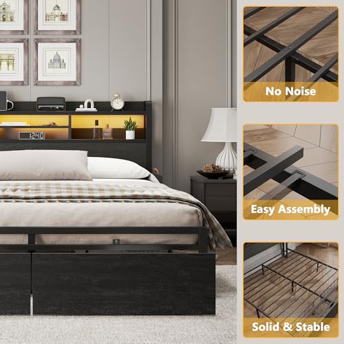 King Size Bed Frame with 2 Drawers and Storage Headboard Black, Charging Station, view 7