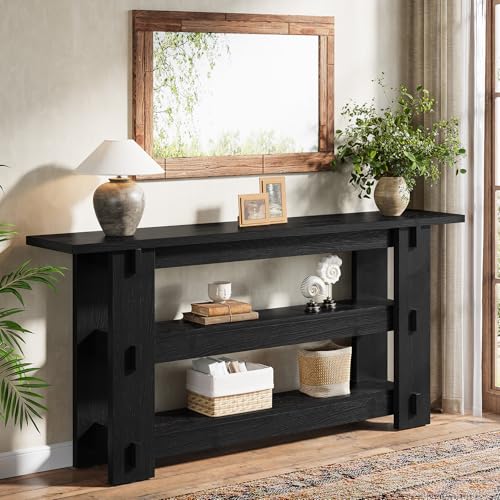 63-Inch Solid Wood Console Table, Farmhouse Sofa Table Behind Couch with Storage Shelves, Entryway Furniture for Living Room, Hallway, Foyer, Black