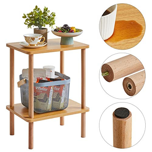2-Tier Side Table, Solid Wood Tall End Table with Storage Shelves, Nightstand Bedside Table for Living Room Bedroom Office, No-Tool Assembly, Natural UWST002N
