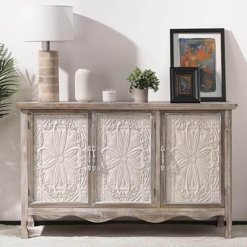 Farmhouse Sideboard Buffet Cabinet with Storage, 49" Solid Wood Credenza Buffet Table Coffee Bar Wine Bar Storage Cabinet with 3 Doors for Dining Room Living Room Hallway, (Provence Gray)