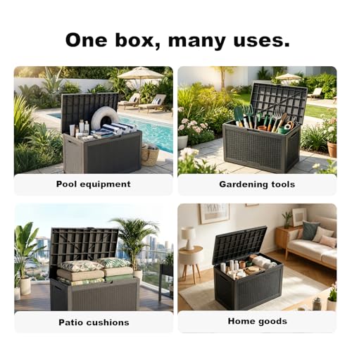 100 Gallon Resin Deck Box, Lockable Patio Outdoor Storage Box for Furniture, Garden Tools and Tools Storage, Waterproof Outside Storage Boxes - Black