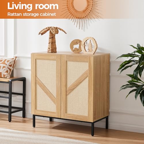 Buffet Cabinet with Storage, Sideboards 2 Doors with Metal Base and Adjustable Shelf for Kitchen, Coffee Bar, Entryway, Hallway,Living Room (Rattan Buffet Cabinet, Natural)