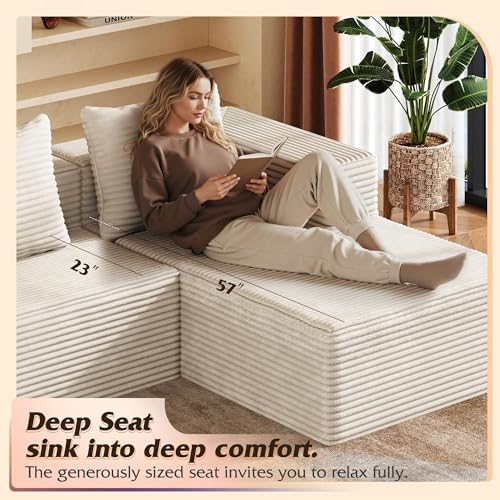 104'' Cloud Sectional Couches for Living Room, Modular Boneless Couch with Left Facing Chaise, L Shape Memory Foam Corduroy, with Cushion, Beige