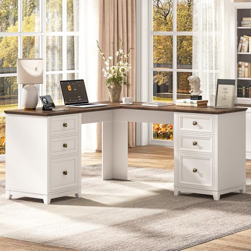 Farmhouse L Shaped Executive Desk with 6 Drawers, 59’’ Wood Home Office Desk with File Cabinet, Writing Corner Computer Desk for Home Office, Work, Study, White and Brown