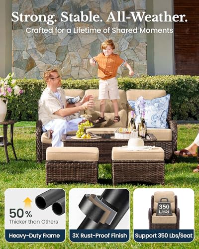 7-Piece Luxury Patio Furniture Set with 6" Thick Cushions, Weather-Resistant Wicker High Back Swivel Rocker Chairs, Senior-Friendly Outdoor Sofa Set for Large Deck, Yard and Poolside, Beige(V2)