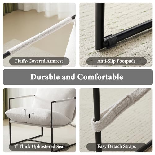 Furnilivng Large Sling Accent Chairs Set of 2, Comfortable Boucle Fabric Arm Chair, Upholstered Cozy Reading Chair for Living Room, Bedroom, Dressing Room, Home Office, White