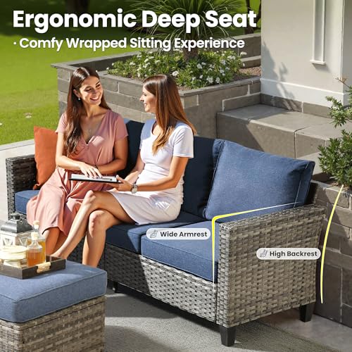 Patio Furniture Set, 5 Pieces Outdoor Wicker Sofa Couch with Chairs, Ottomans and Comfy Cushions, All Weather High Back Rattan Conversation Set, Denim Blue