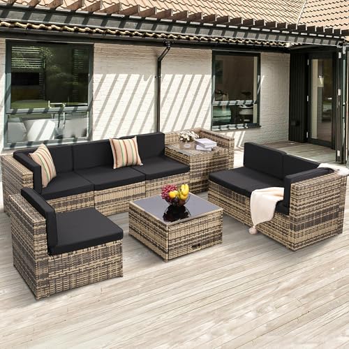8 Piece Patio Furniture Set, Outdoor Modular Conversation Set, Black | UV Treated Wickers, Machine Washable Cushions, Seats 6, 2 Hidden Storage Compartments, Rustproof Frame, Waterproof