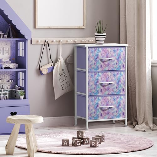 Nightstand Storage Organizer Chest with 3 Drawers - Kids Girls, Boys Bedroom Furniture Chest for Clothes, Closet Organization - Steel Frame, Wood Top, Fabric Bin (3-Drawer, Blue/Pink/Purple)