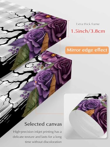 NuYeBiofx Halloween Flower Berry Tree Branch Canvas Wall Art Prints,48"x32" Framed Picture Artwork Purple Plant Gray Check Printed Canvas Oil Painting for Living Room Bedroom Office,Ready to Hang