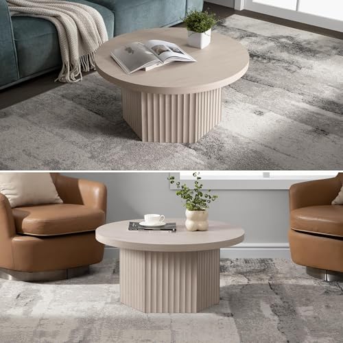 32" Modern Round Coffee Table Mid Century Fluted Coffee Table | with Storage Accent Center Table for Living Room, Small Space, Apartment, White Alder