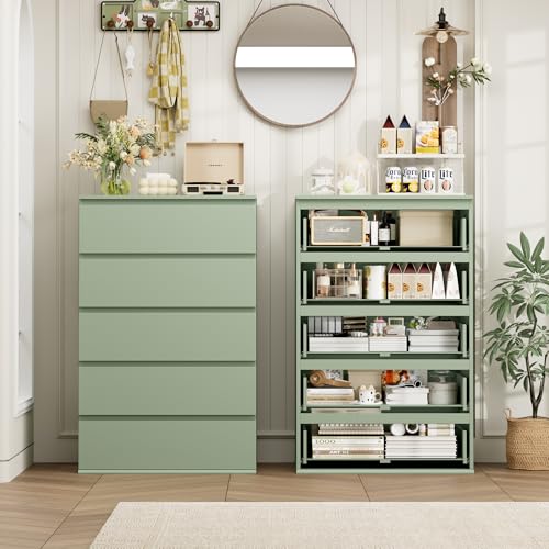 5 Drawer Dresser Tall Dresser with Large Storage Space, Modern Chest of Drawers, 23.6L x 17.6W x 39.1H Inch Storage Organizer Cabinet for Home, Green