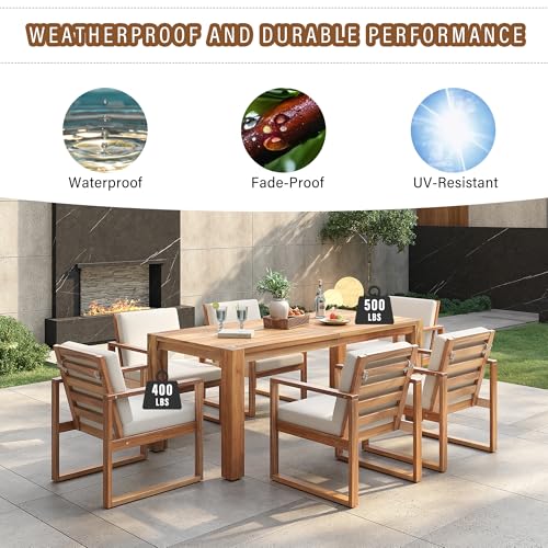 7 Piece Patio Dining Table Set with Umbrella Hole, Outdoor Acacia Wood Furniture Set with Removable Cushion for Garden, Backyard, Lawn, Poolside (Beige,Light Teak)