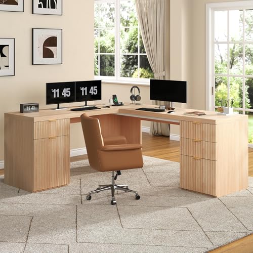 69" Fluted L Shaped Executive Desk with Power Outlets & File Drawer, Modern Wood L Shaped Office Desk with Storage Cabinet and Drawers, Large Corner Desk Computer Writing Desk for Home, Natural Oak