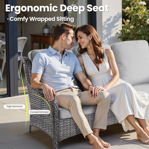 5-Piece Patio Furniture Set with Swivel Chairs Side Table, Outdoor Wicker Sofa with 42" Fire Pit Table, High Back Couch Modern Conversation Sets, Grey/Grey