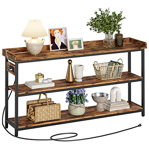 Console Table, Sofa Table with Power Outlet, Farmhouse Hallway Table for Entryway, Living Room, Height Adjustable, Easy Assembly, Rustic Brown,55"