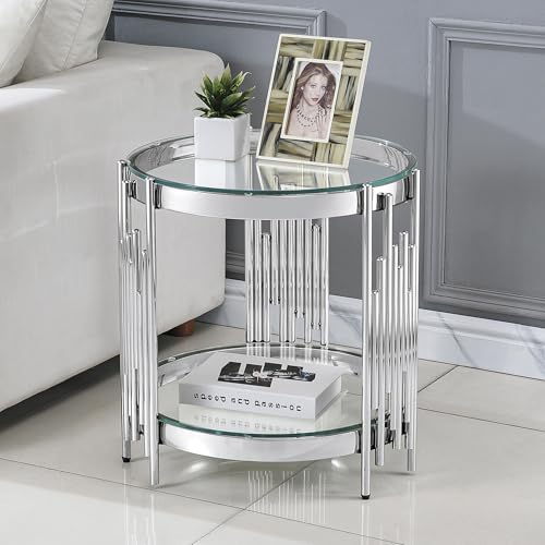 20" Round Glass End Table, 2-Tier Silver Side Table with Stainless Steel Legs and Clear Tempered Glass, Modern Luxury End Table for Living Room Home Office