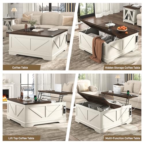 40” Large Farmhouse Lift Top Coffee Table with Power Outlets and Large Hidden Storage, Square Wood Living Room Tables, Multi-Function Lift Wooden Barn Door Center Table, Rustic White