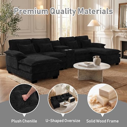 133" Oversized U Shaped Cloud Couch Modular Sectional Couches for Living Room Comfy Chenille Deep Seat Sofa Set with Double Chaise Lounge, Storage Central Console, Cup Holders, USB Port, Dark Black