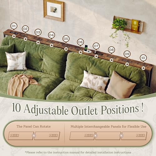 110.2 Inch Behind Couch Table with 2 Power Outlets and USB-C Ports, Extra Long Narrow Sofa Table for Sectional Sofa, Skinny Console Table with Anti-Bump Pads, for Living Room, Rustic Brown