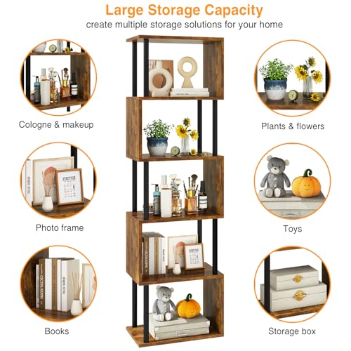 6-Tier Tall Bookshelf,S-Shaped Geometric Bookcase,Brown WBC016H | Wood Display Shelves with Storage Industrial Decorative Storage Shelving for Living Room Bedroom Home Office