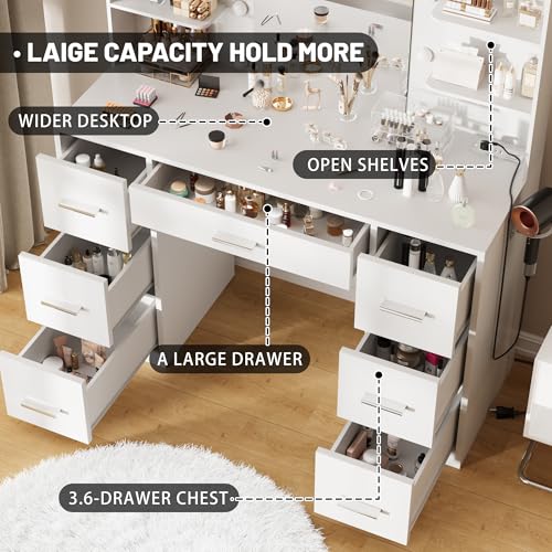 Vanity Desk with LED Mirror,Power Outlet,7 Drawers Makeup Table, view 7