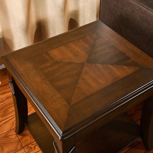 Vintage Cherry Solid Wood End Tables Living Room, Queen Anne Style Accent Side Table with Cabriole Legs, 2-Tier Nightstand with Storage Shelf, 19.7" Wx17.7 Dx19.7 H, Cherry Walnut CJZ-DR200