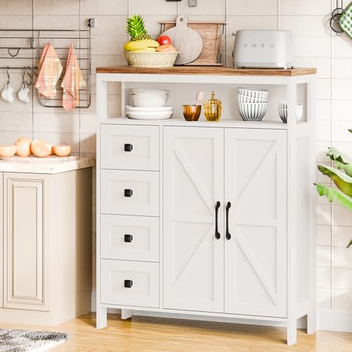 Farmhouse Storage Cabinet with 2 Doors and 4 Drawers, Freestanding Bathroom Cabinet Kitchen Pantry, Floor Storage Cabinets Hutch Cupboard for Kitchen/Living Room/Bathroom (Unique White)