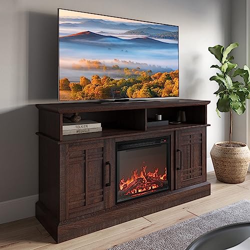 48" TV Stand with 18" Electric Fireplace Heater, Modern TV Stand for TVs up to 50", Entertainment Media Stand with Open Shelves and Storage Cabinets for Living Room, Bedroom (Espresso)