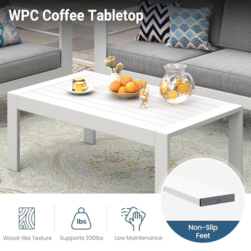Aluminum Outdoor Furniture Patio Coffee Table, All-Weather Outdoor Metal Coffee Table, Modern Rectangle Coffee Table for Balcony, Garden, White