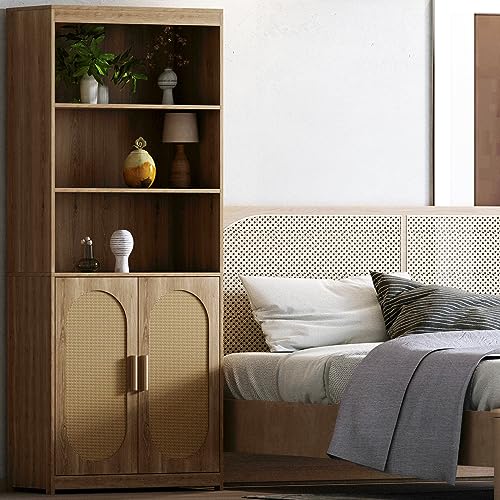 Rattan Bookcase with Doors 72 in Tall Boho Bookshelf 5 Shelves Floor Standing Book Storage Cabinet 3 Display Shelves Mid Century Modern Bookshelf Wicker Bookshelves