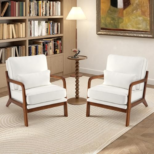 Accent Chairs Set of 2,Mid Century Modern Chair with Arms and Waist Cushion, Reading Chairs for Adults, Lounge Chair for Living Room and Bedroom, Solid Wooden Frame, Cream
