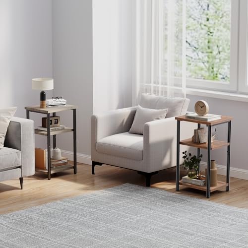 End Tables Set of 2, Small Side Table for Small Spaces, 3 Tier Tall Bedside Table with Open Shelf and Adjustable Feet for Living Room, Bedroom, Office, Dorm, Apartment, Brown
