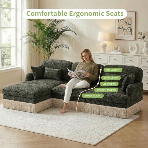 Modular Sectional Leopard Print Couch w/Ottoman,Modern 2-Seat L-Shaped Cloud Couch,Pillows,Tassel Fringe Skirt,High-Resilience Foam Sofa,Easy Assembly for Living Room,Apartment(Gre-Blk 69.2")