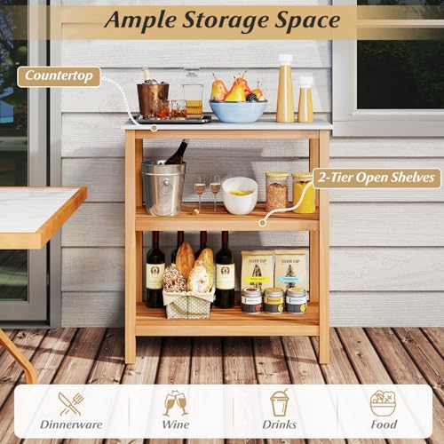Patio Wooden Sideboard, 3-Tier Acacia Outdoor Kitchen Buffet Organizer w/Marble-Like Countertop & 2 Slatted Shelves, Garden Potting Bench Table & Plant Stand for Backyard, Garden, Deck